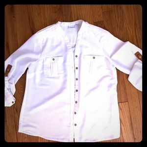 Button down blouse with leather sleeve detail